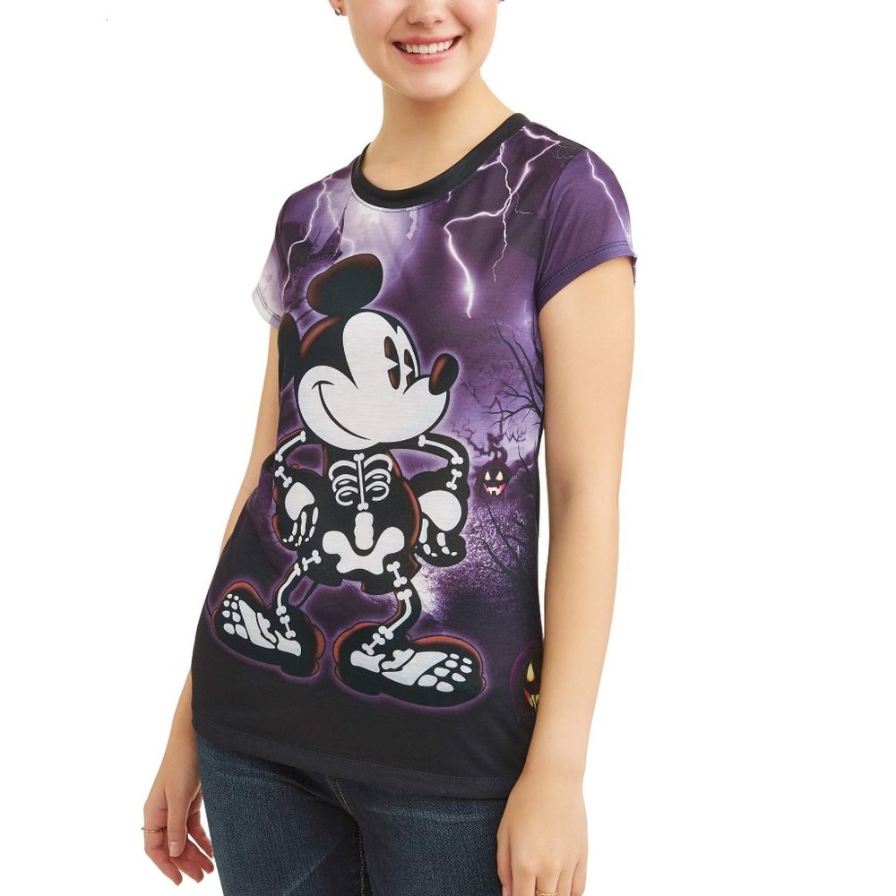 Juniors Disney MICKEY MOUSE Skeleton Halloween T-Shirt Size Sm 3/5 Med 7/9 NWT